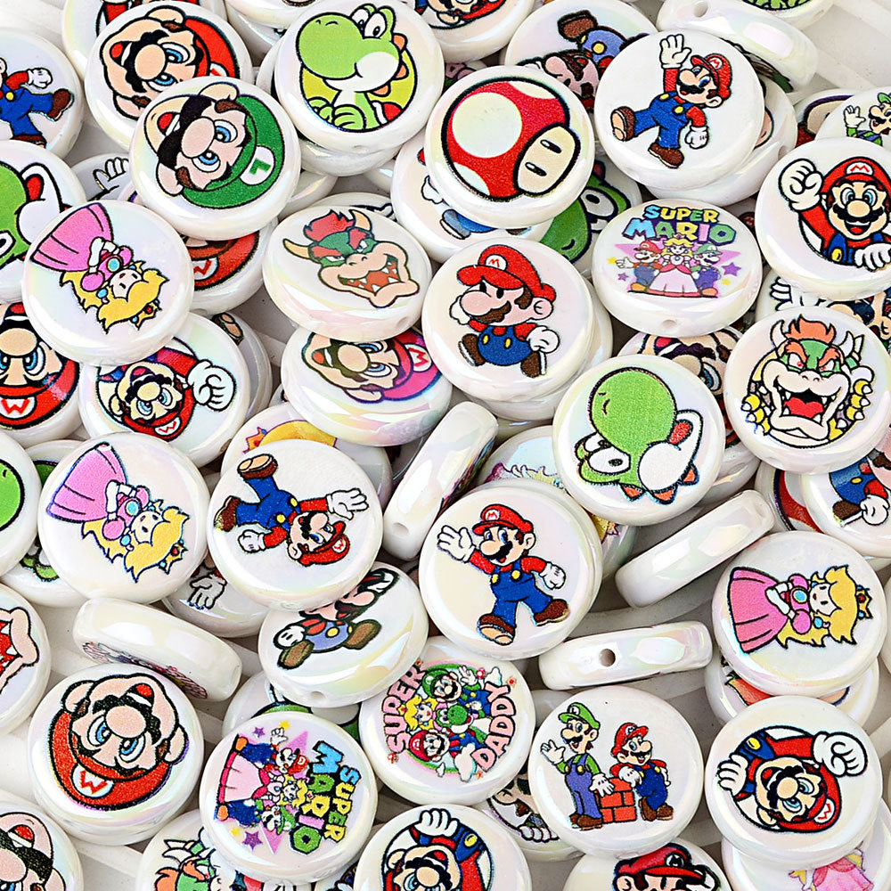 100Pcs 24mm round cake UV plated color Super Mary straight hole flat bead DIY handmade beaded mobile phone chain bag jewelry accessories