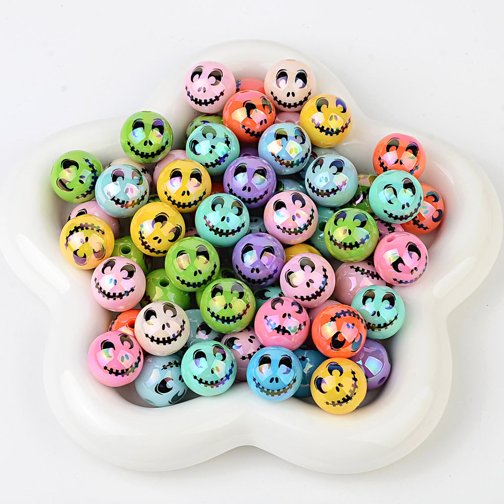 100Pcs Halloween Plated Skull Smiley Face Through Hole Round Beaded DIY Mobile Phone Chain Keychain Accessories Decorative Loose Beads