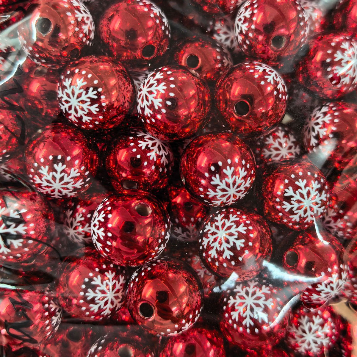 100Pcs 16mm metallic Christmas color snowflake printing round beads DIY handmade beaded loose beads mobile phone chain accessories