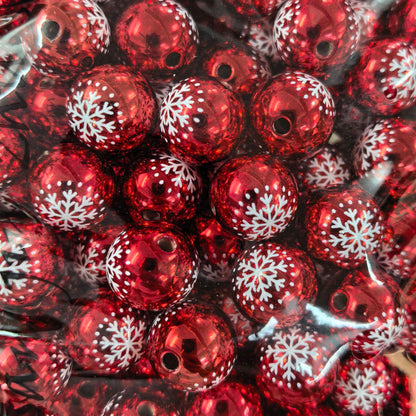 100Pcs 16mm metallic Christmas color snowflake printing round beads DIY handmade beaded loose beads mobile phone chain accessories