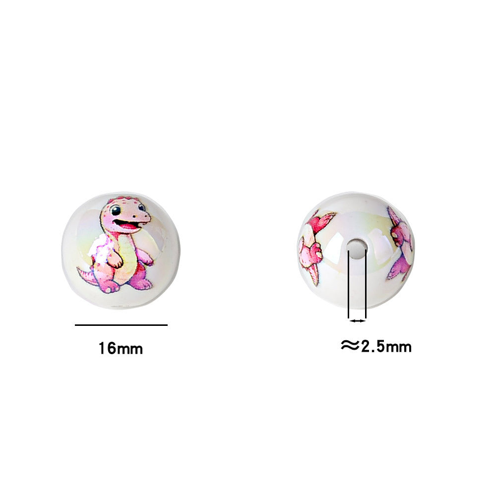 100Pcs 16mm acrylic solid color printing cartoon dinosaur theme straight hole round beads, handmade DIY mobile phone rope jewelry accessories