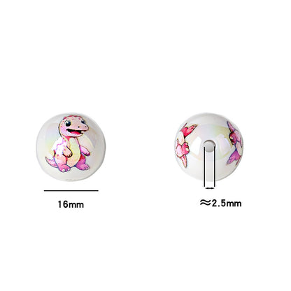 100Pcs 16mm acrylic solid color printing cartoon dinosaur theme straight hole round beads, handmade DIY mobile phone rope jewelry accessories