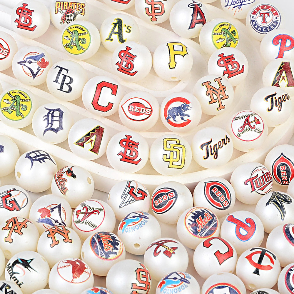 100Pcs 16mm frosted printing MLB baseball league round beads loose beads DIY bead pen car hanging baseball team accessories