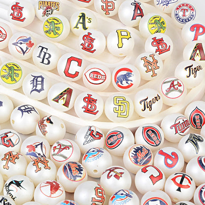 100Pcs 16mm frosted printing MLB baseball league round beads loose beads DIY bead pen car hanging baseball team accessories