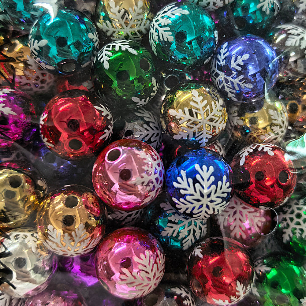 100Pcs 16mm metallic Christmas series snowflake printing round beads DIY handmade beaded loose beads mobile phone chain accessories