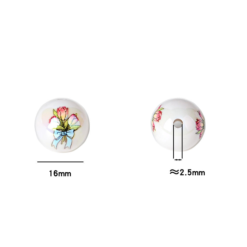 100Pcs tulip printed acrylic round beads, straight hole flower beaded accessories DIY handmade pen string bracelet material