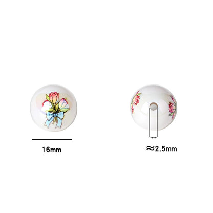 100Pcs tulip printed acrylic round beads, straight hole flower beaded accessories DIY handmade pen string bracelet material