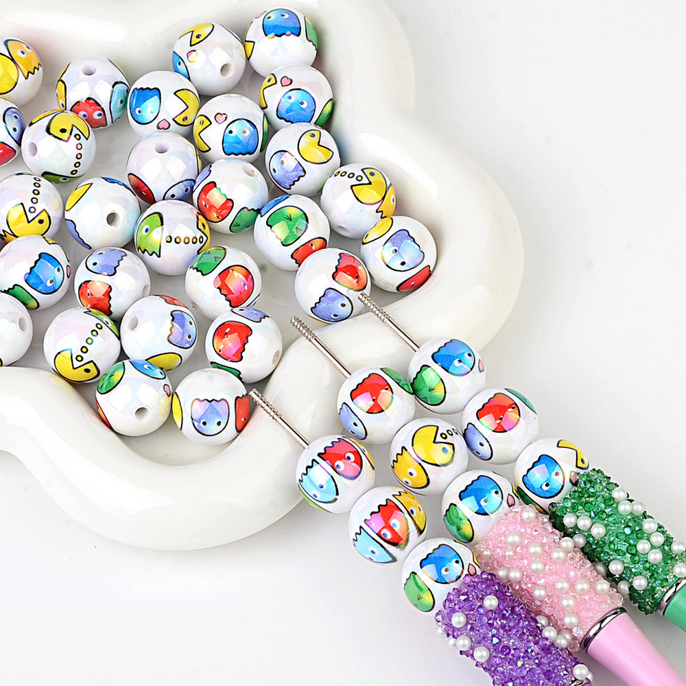 100Pcs 16mm printed Pac-Man cartoon straight hole round beads DIY Douyin live broadcast mobile phone rope keychain pen accessories