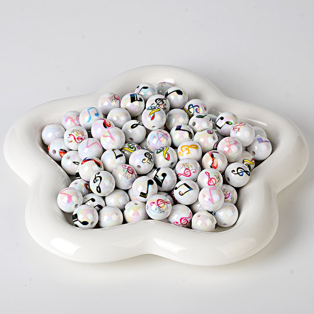 100Pcs acrylic solid color plated uv printing music note straight hole round beads DIY mobile phone keychain bead pen material wholesale