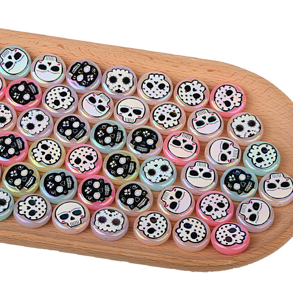 100Pcs 16mm double-sided printed skull through-hole loose beads can be handmade DIY material bracelet bracelet bead pen accessories