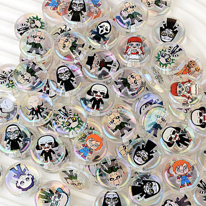100Pcs 24mm Printed Halloween Killer Character Vertical Hole Flat Bead DIY Douyin Live Mobile Phone Rope Keychain
