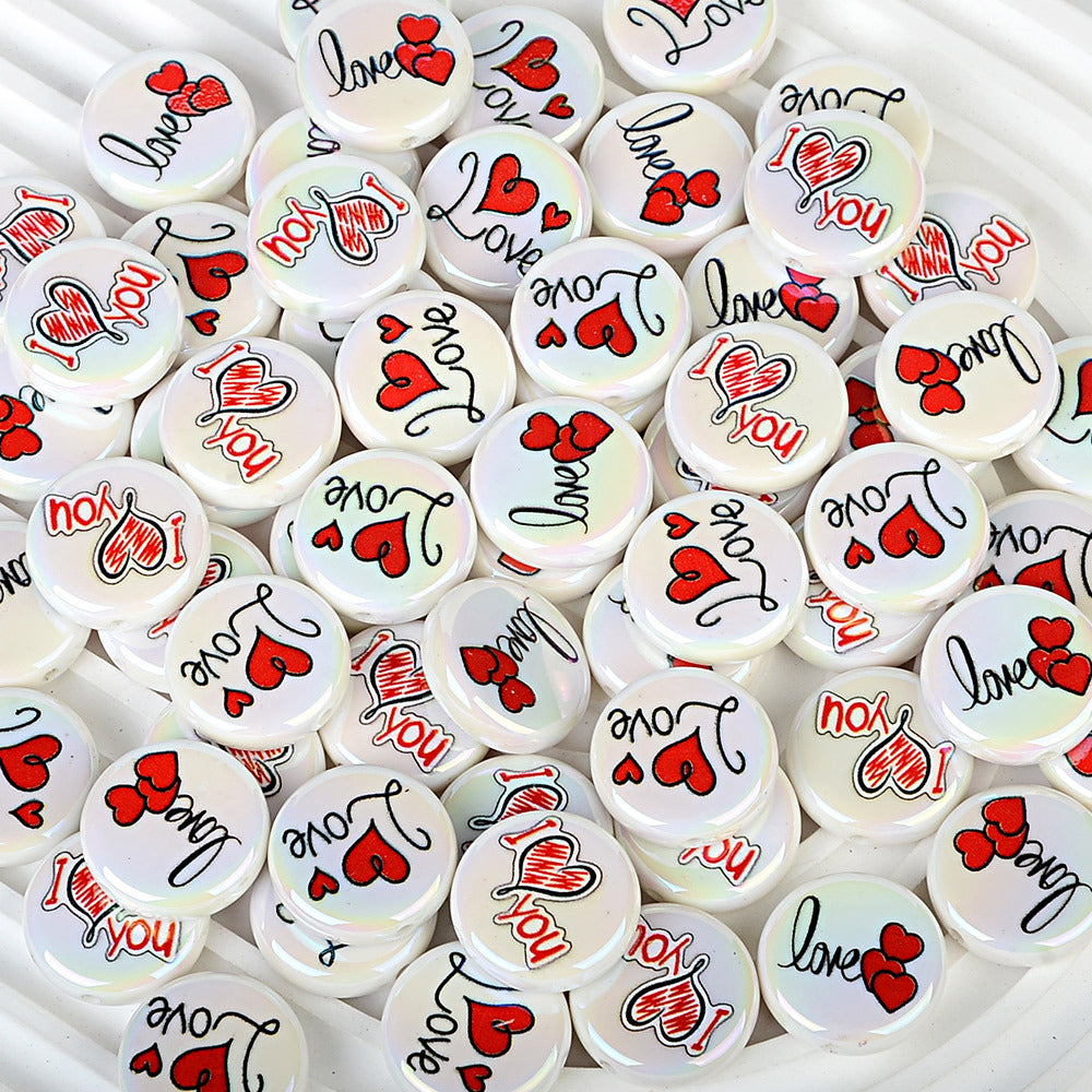 100Pcs acrylic plated Valentine's Day love love printing straight hole round cake beads DIY bead pen jewelry accessories material