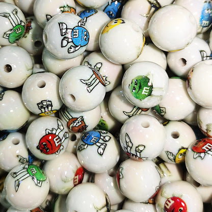 100Pcs 16mm acrylic cartoon M bean printing round beads DIY beaded loose beads mobile phone chain keychain accessories