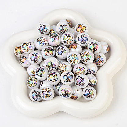 100Pcs 16mm acrylic printing four-leaf clover through-hole round beads DIY Douyin live broadcast mobile phone rope keychain pen accessories