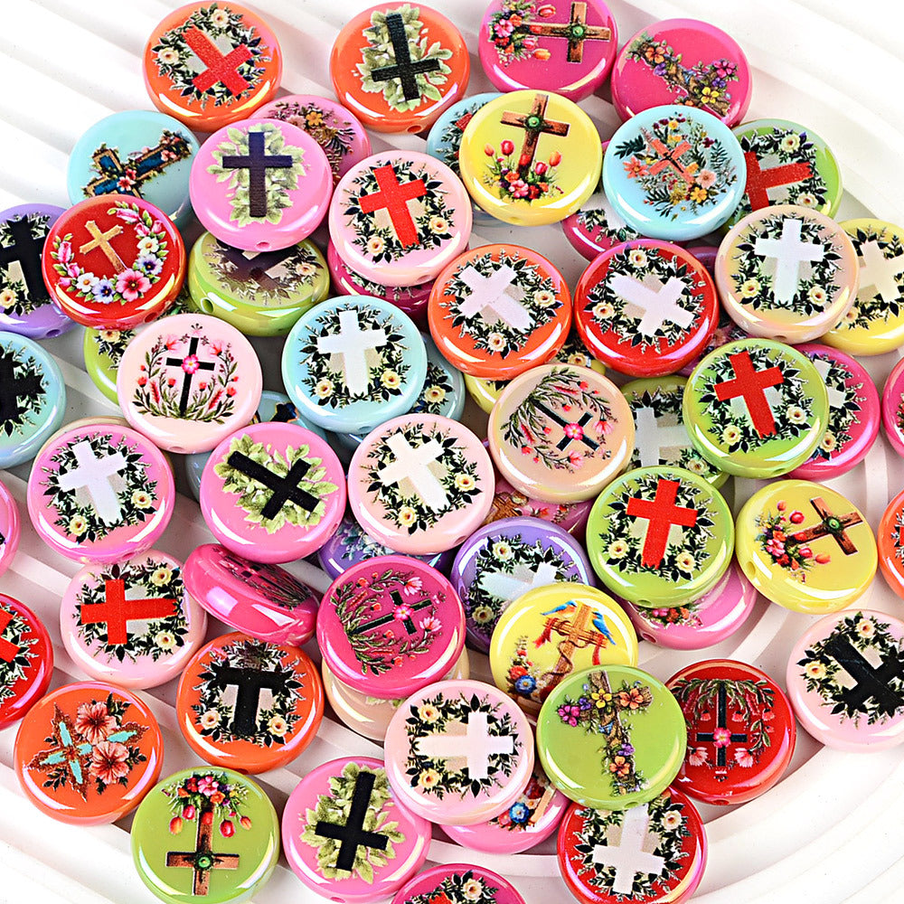 100Pcs new acrylic wreath solid color printing round bead cross straight hole bead loose bead DIY bracelet jewelry accessories