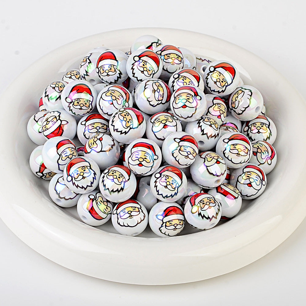 100Pcs Christmas elements printed round beads Santa Claus Christmas tree gingerbread man various acrylic beaded ornaments wholesale