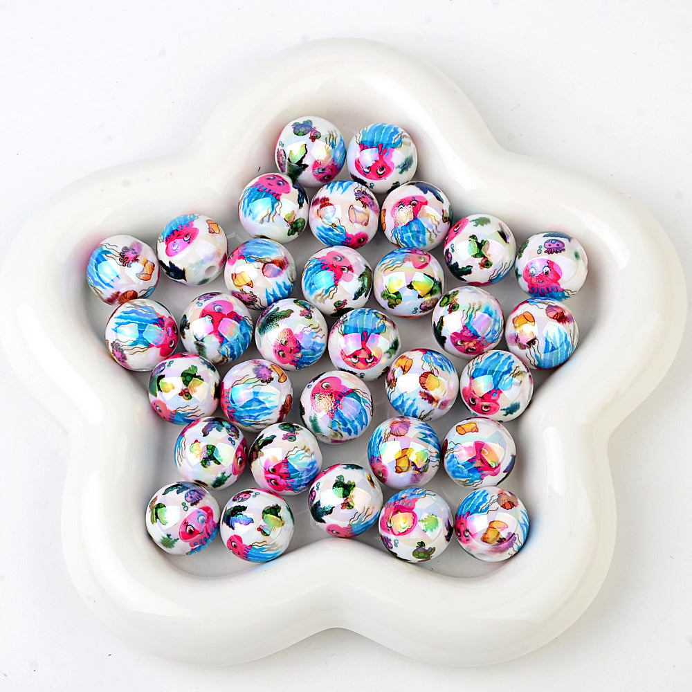 100Pcs 16mm acrylic solid color plating color printing marine biological straight hole round beads DIY mobile phone rope keychain accessories