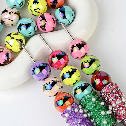 100Pcs acrylic UV plated colorful multi-color Halloween printing bat round beads DIY handmade string pen mobile phone chain accessories
