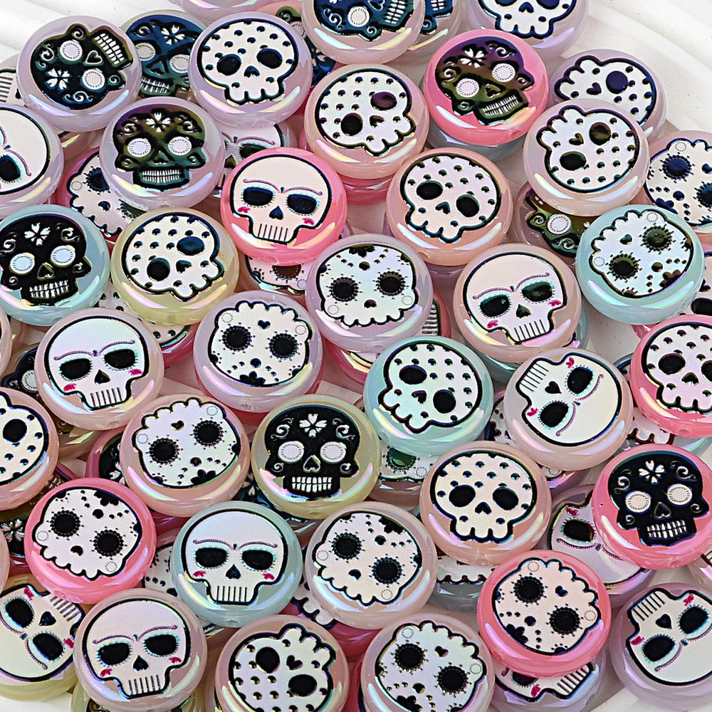 100Pcs 16mm double-sided printed skull through-hole loose beads can be handmade DIY material bracelet bracelet bead pen accessories