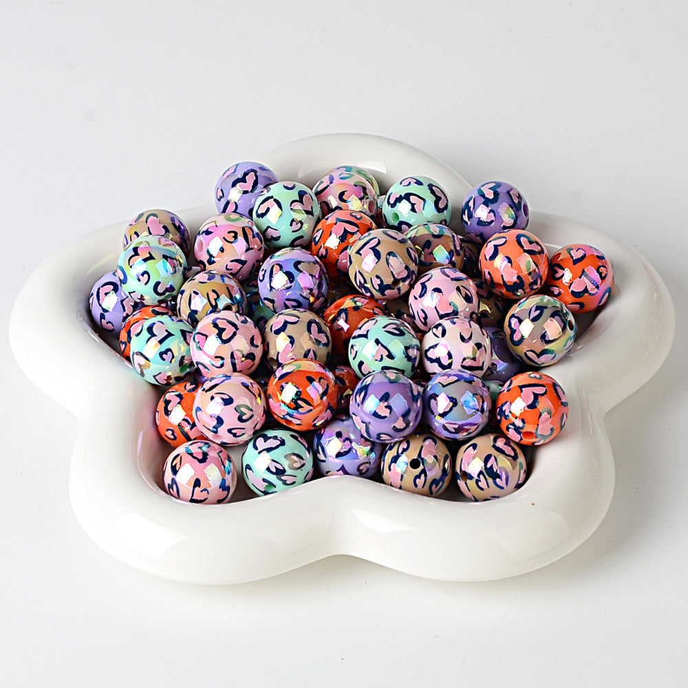 100Pcs Valentine's Day Double Love Leopard Print Round Beads DIY Mobile Phone Chain Jewelry Bead Pen Accessories Decorative Beads
