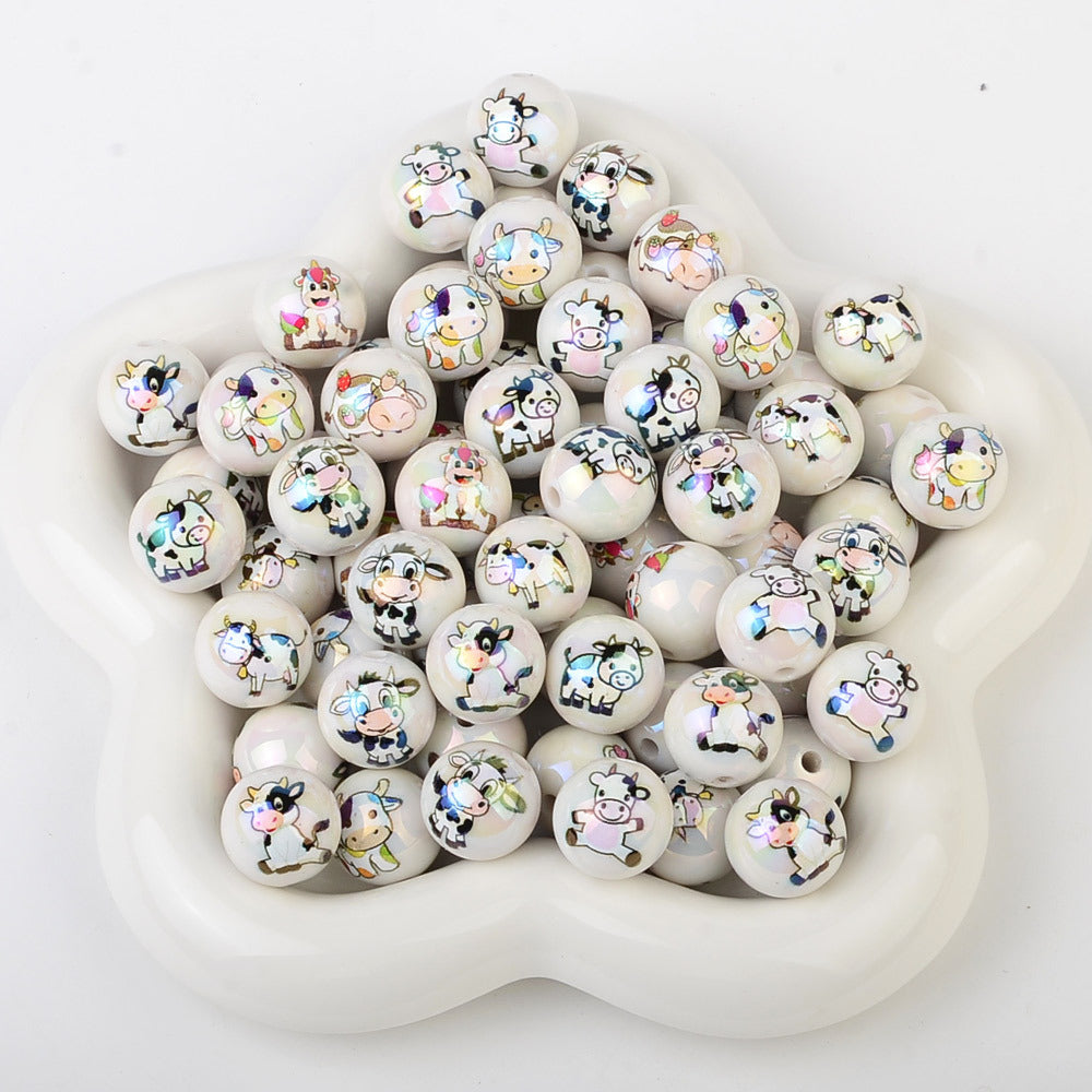 100Pcs acrylic personalized plated UV color printing cow round beads DIY handmade beaded loose bead string pen mobile phone chain jewelry accessories