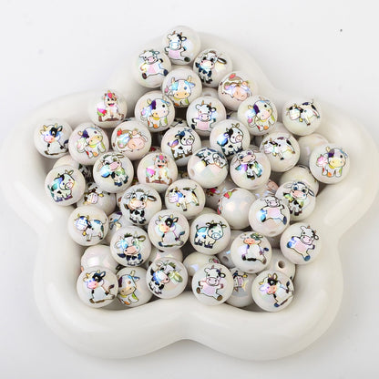 100Pcs acrylic personalized plated UV color printing cow round beads DIY handmade beaded loose bead string pen mobile phone chain jewelry accessories