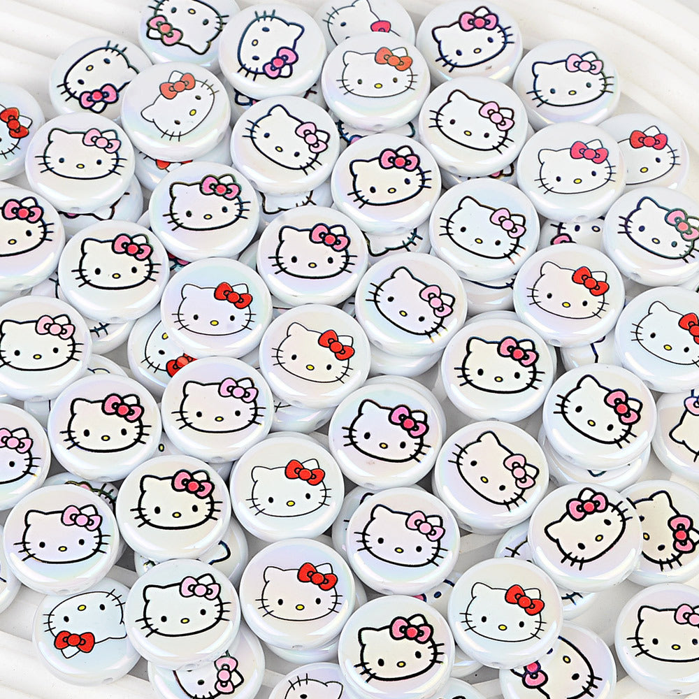 100Pcs acrylic loose beads double-sided printed hallo KT cat straight hole disc beads DIY jewelry mobile phone chain bead pen with
