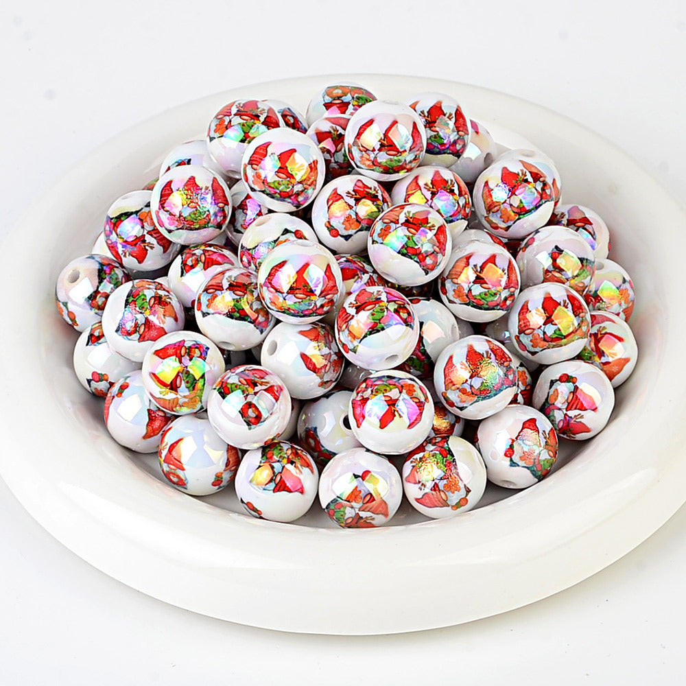 100Pcs Christmas elements printed round beads Santa Claus Christmas tree gingerbread man various acrylic beaded ornaments wholesale