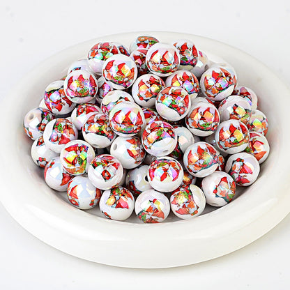 100Pcs Christmas elements printed round beads Santa Claus Christmas tree gingerbread man various acrylic beaded ornaments wholesale