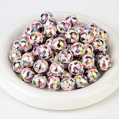 100Pcs Christmas elements printed round beads Santa Claus Christmas tree gingerbread man various acrylic beaded ornaments wholesale