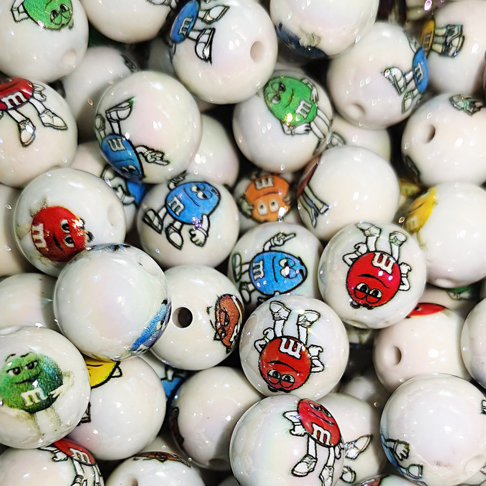 100Pcs 16mm acrylic cartoon M bean printing round beads DIY beaded loose beads mobile phone chain keychain accessories