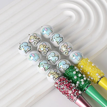 100Pcs 16mm acrylic solid color double-sided printing baby elephant straight hole round beads DIY handmade beaded jewelry accessories loose beads