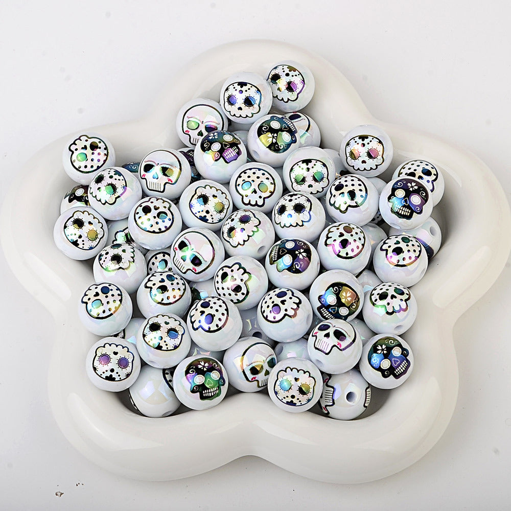 100Pcs 16mm double-sided printed skull through-hole loose beads can be handmade DIY material bracelet bracelet bead pen accessories