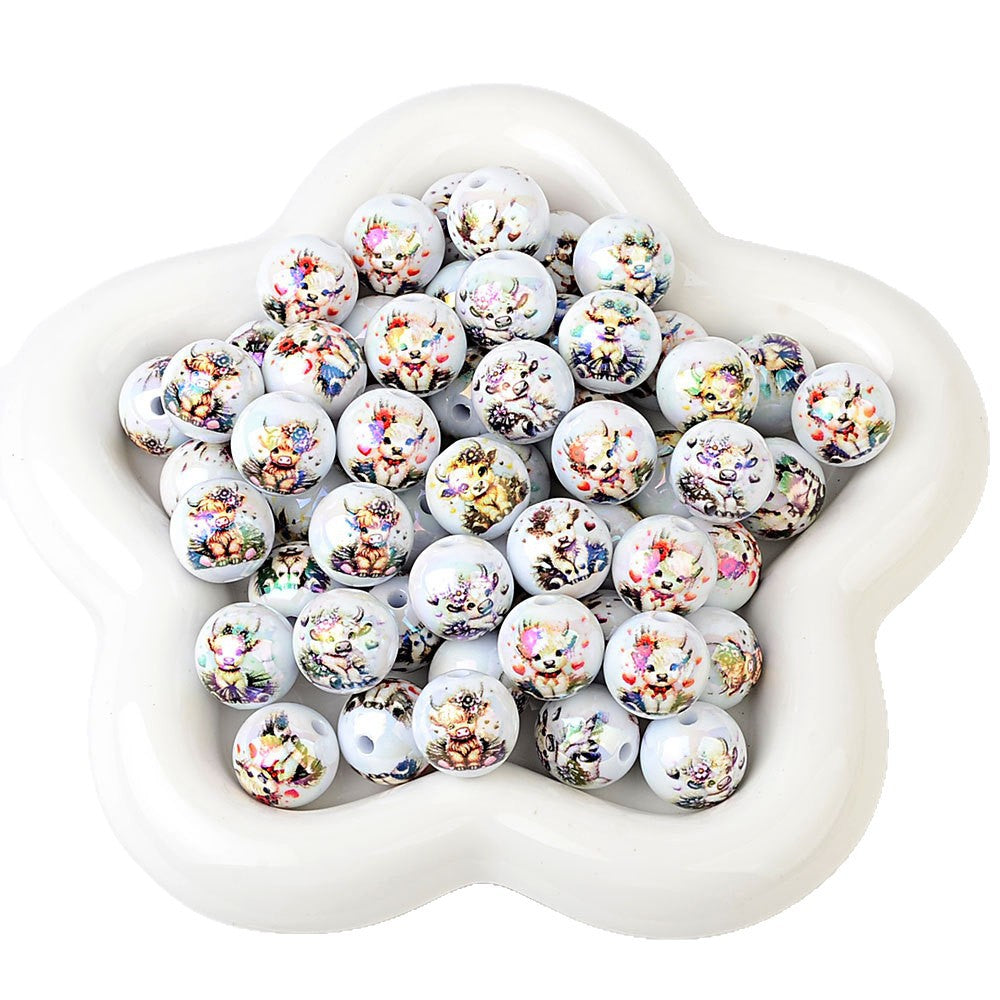 100Pcs acrylic double-sided printing cow head pattern straight hole round beads DIY mobile phone rope keychain string pen accessories wholesale