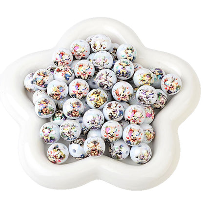 100Pcs acrylic double-sided printing cow head pattern straight hole round beads DIY mobile phone rope keychain string pen accessories wholesale