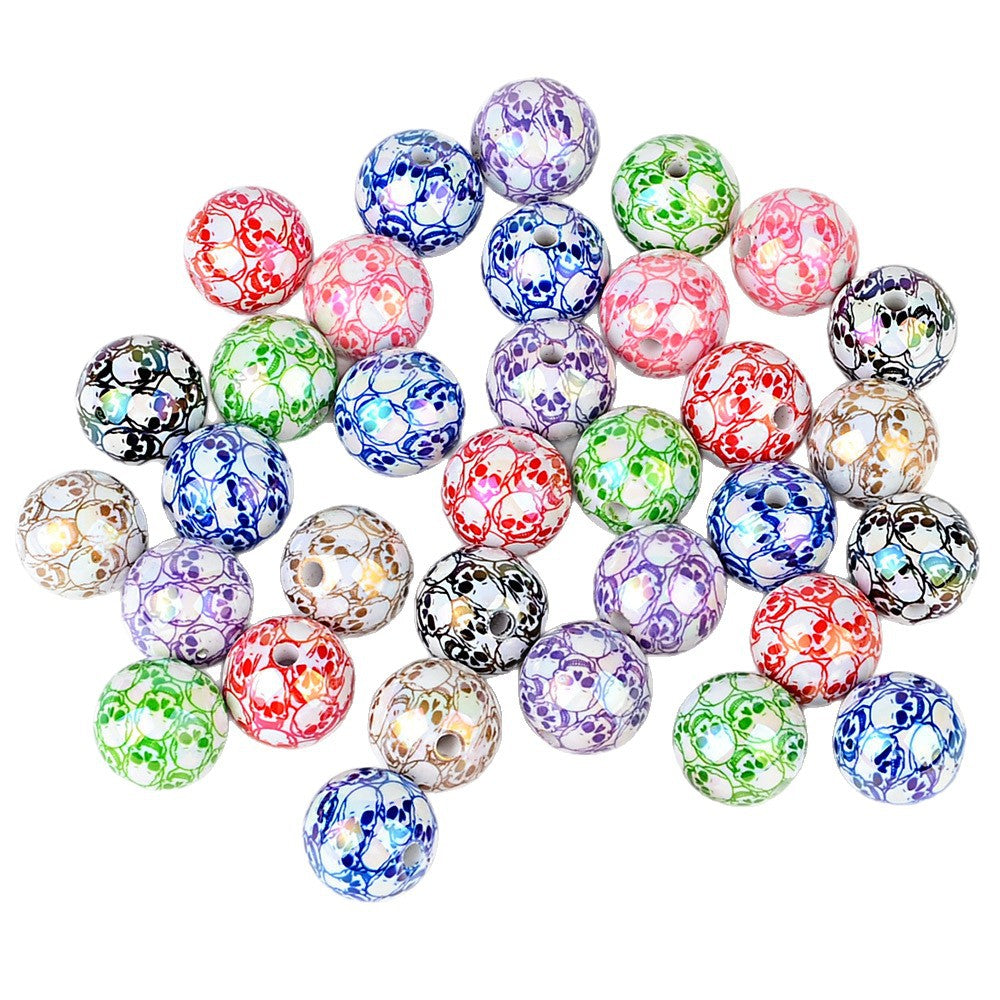 100Pcs Halloween full skull print acrylic round beads DIY mobile phone chain keychain bead pen accessories