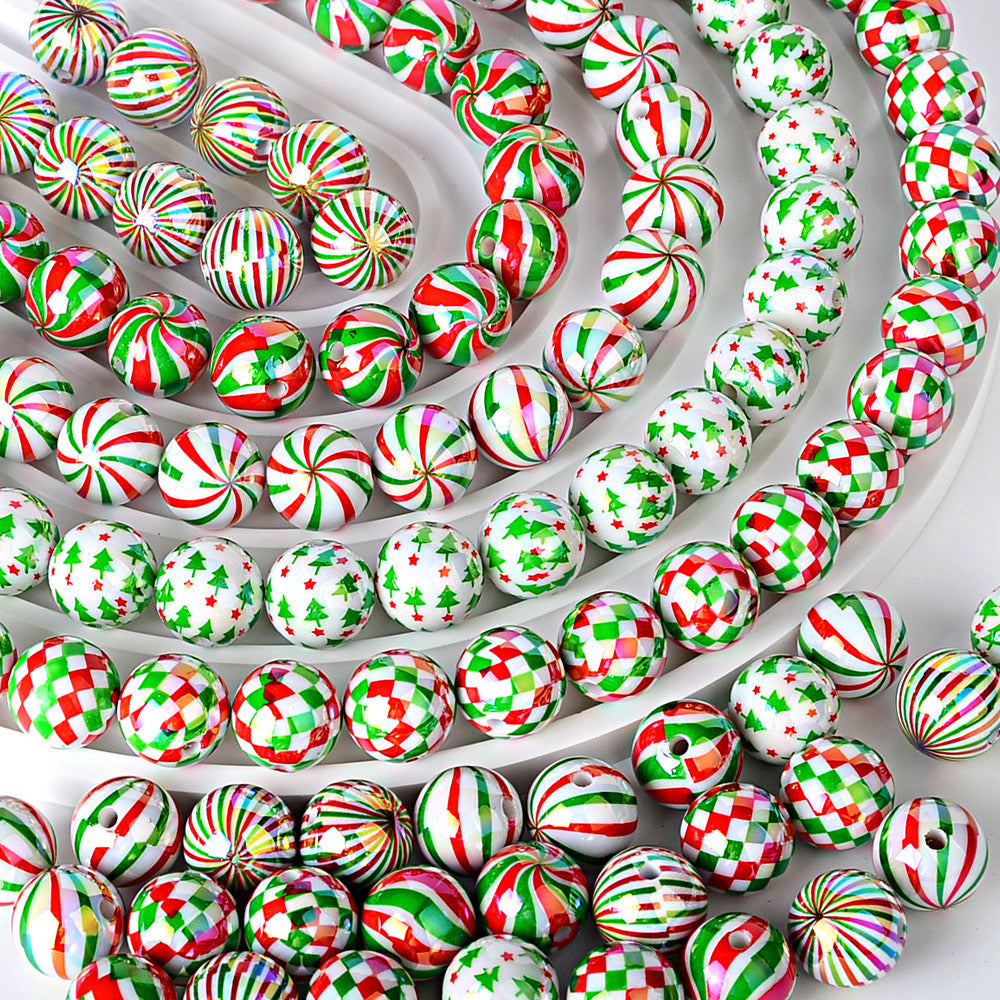 100Pcs 16mm acrylic Christmas color striped printed round beads DIY beaded mobile phone chain keychain loose beads wholesale