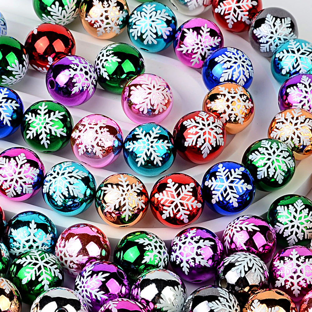 100Pcs 16mm metallic Christmas series snowflake printing round beads DIY handmade beaded loose beads mobile phone chain accessories