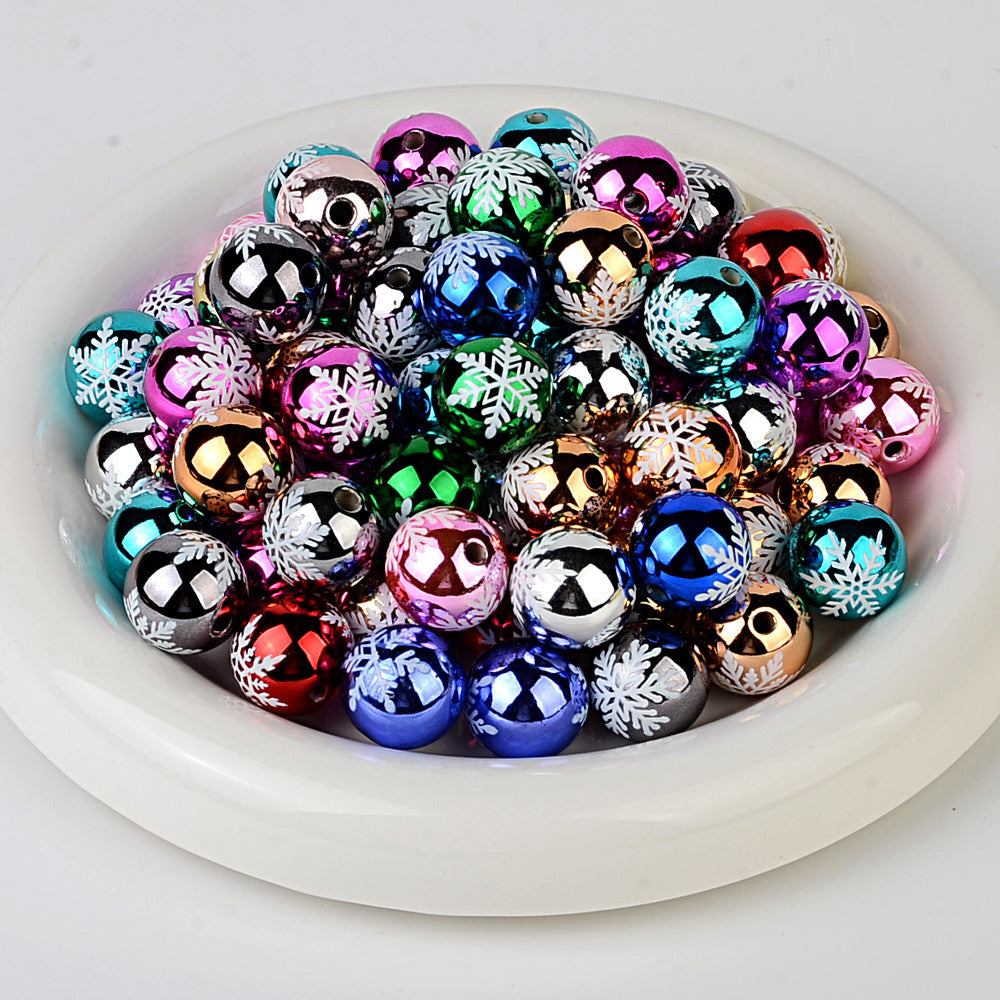 100Pcs 16mm metallic Christmas series snowflake printing round beads DIY handmade beaded loose beads mobile phone chain accessories