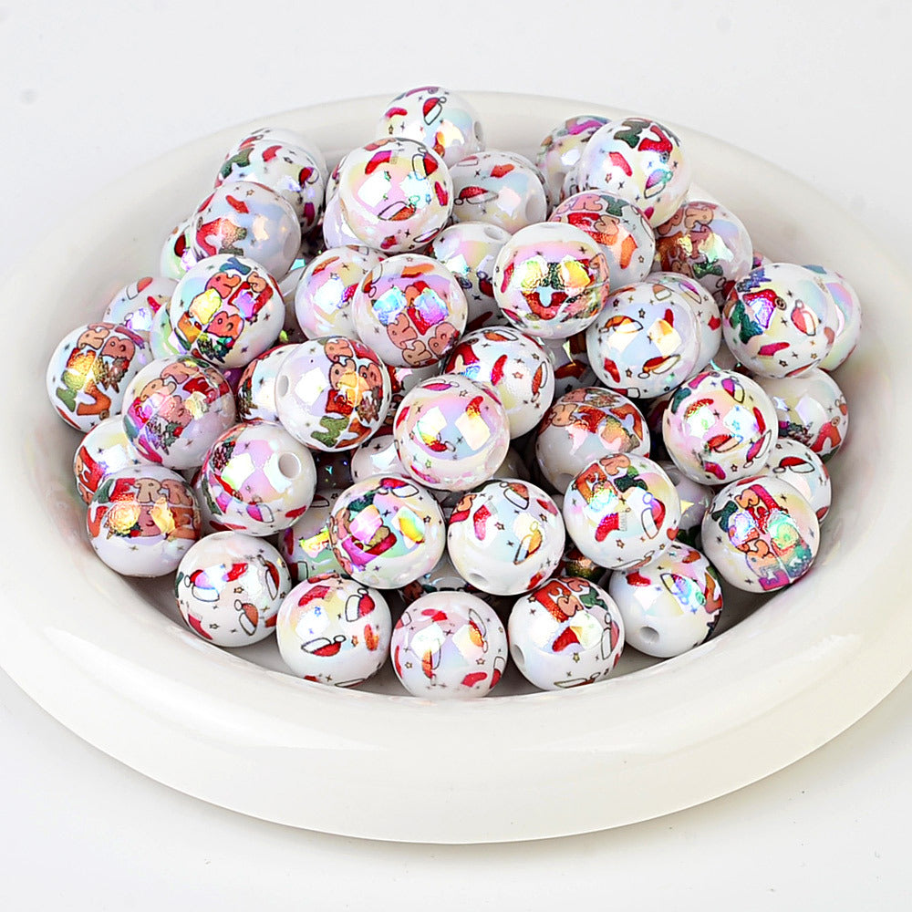 100Pcs Christmas elements printed round beads Santa Claus Christmas tree gingerbread man various acrylic beaded ornaments wholesale
