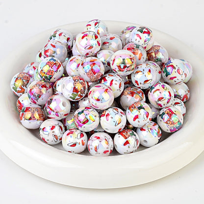 100Pcs Christmas elements printed round beads Santa Claus Christmas tree gingerbread man various acrylic beaded ornaments wholesale