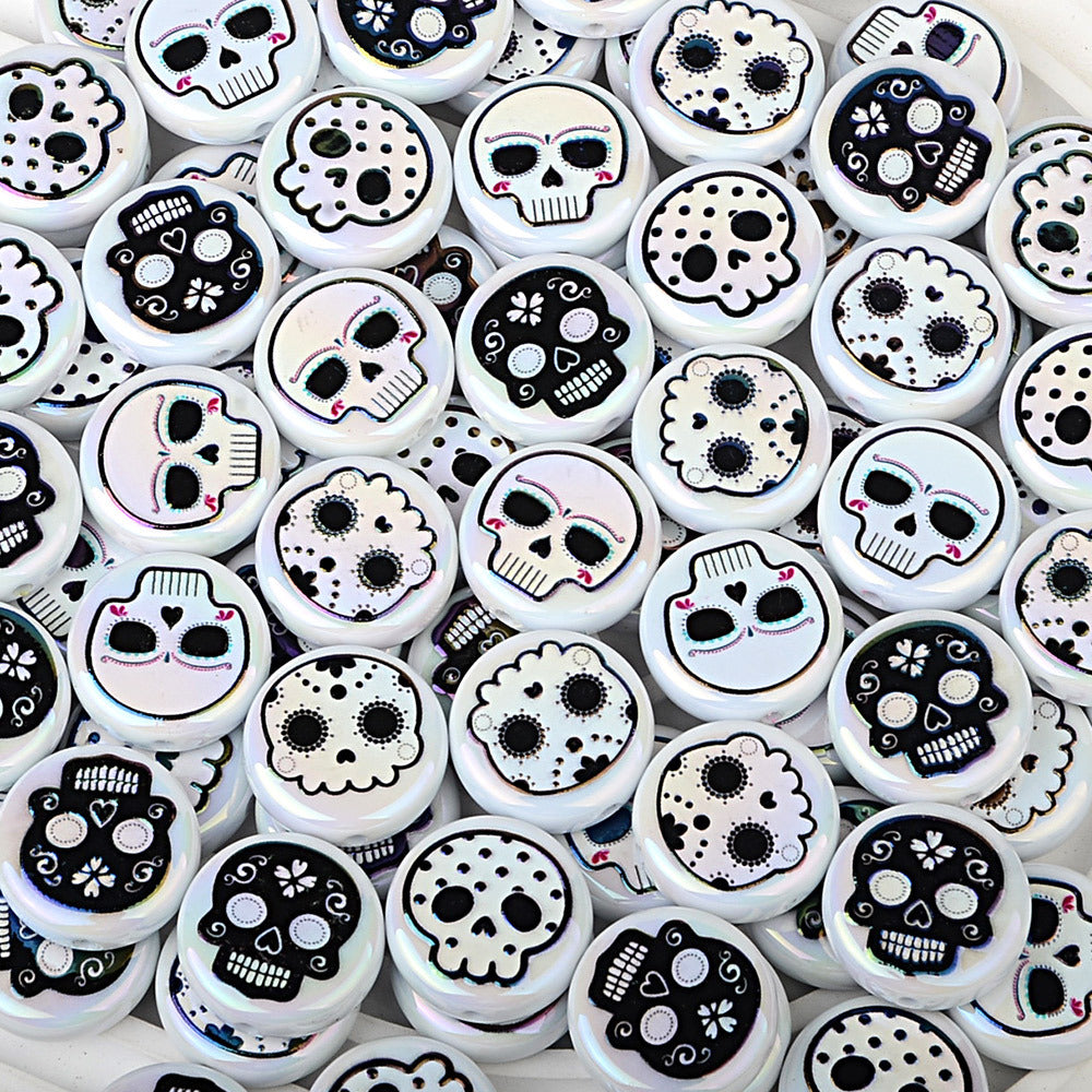 100Pcs 16mm double-sided printed skull through-hole loose beads can be handmade DIY material bracelet bracelet bead pen accessories