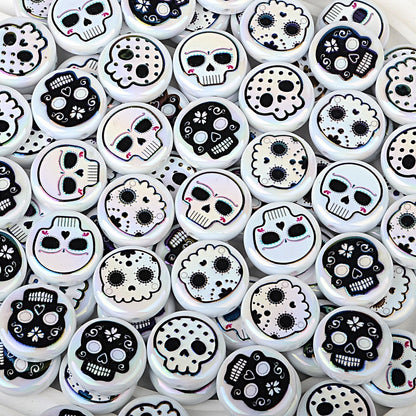 100Pcs 16mm double-sided printed skull through-hole loose beads can be handmade DIY material bracelet bracelet bead pen accessories