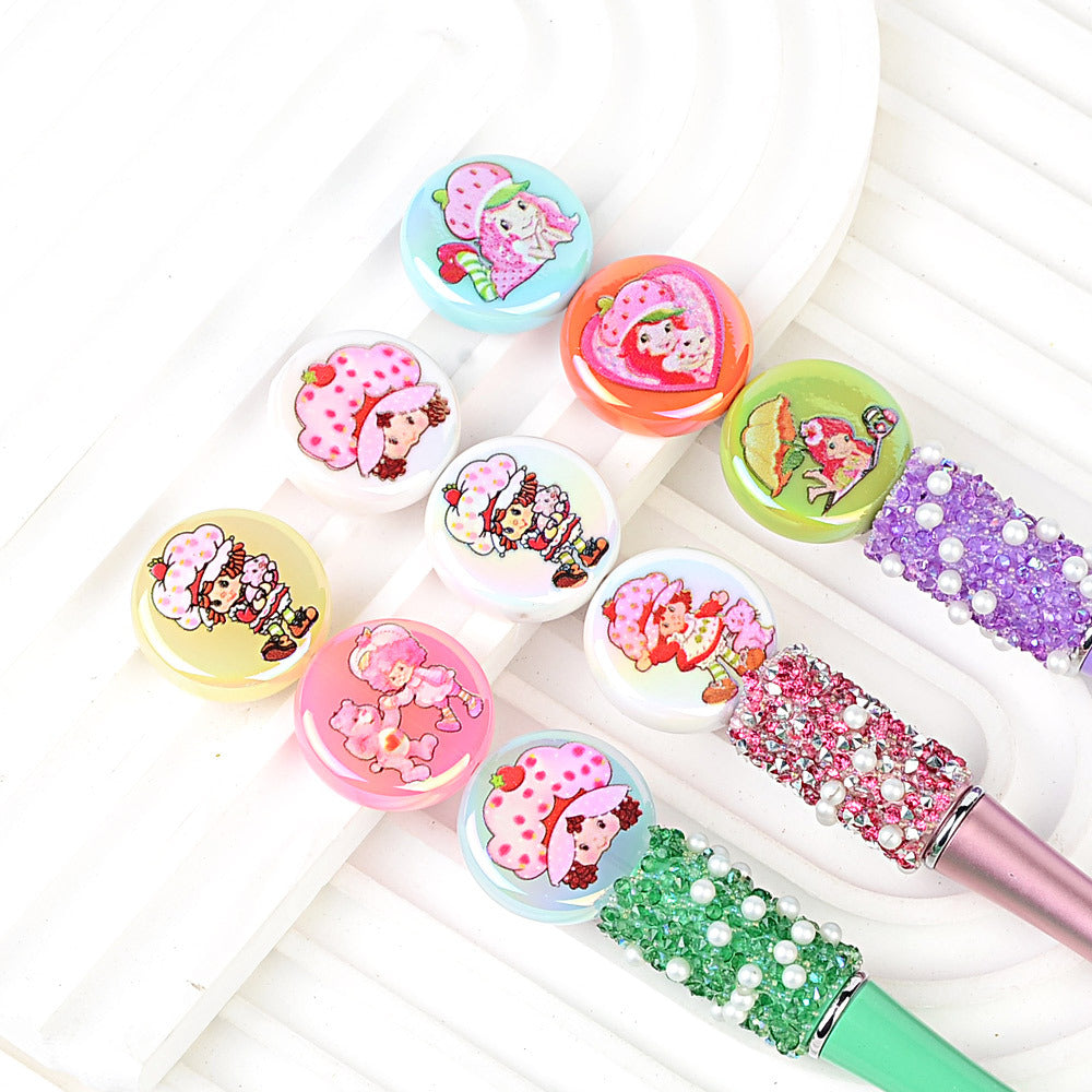 100Pcs 24mm double-sided printing cartoon strawberry girl beaded flat DIY mobile phone chain bag pendant material jewelry