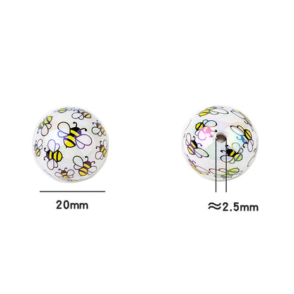 20Mm printed cartoon bee series straight hole round beads DIY printed round beads loose beads bead pen accessories