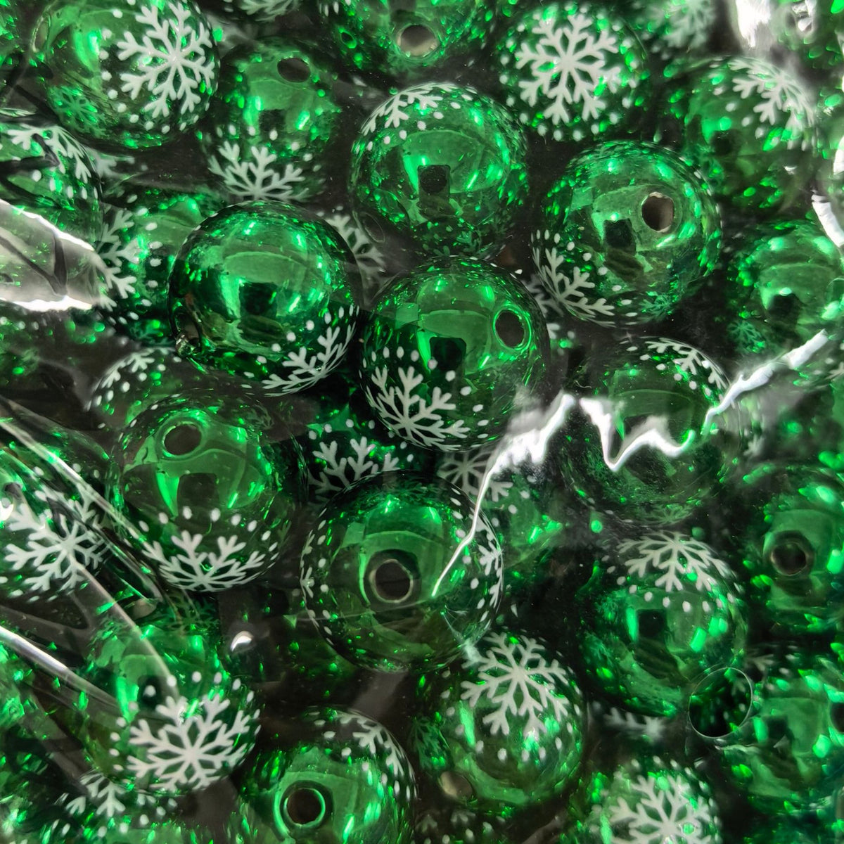 100Pcs 16mm metallic Christmas color snowflake printing round beads DIY handmade beaded loose beads mobile phone chain accessories