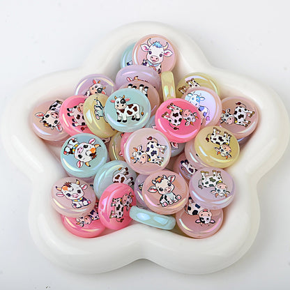 100Pcs acrylic printing cartoon small cow round vertical hole beads DIY mobile phone rope keychain string pen matching