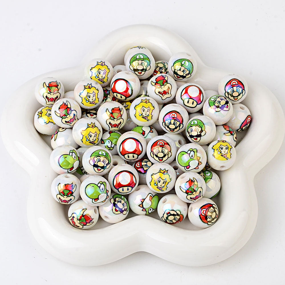 100Pcs 16mm acrylic cartoon Super Mario straight hole round beads DIY mobile phone rope keychain bead pen accessories