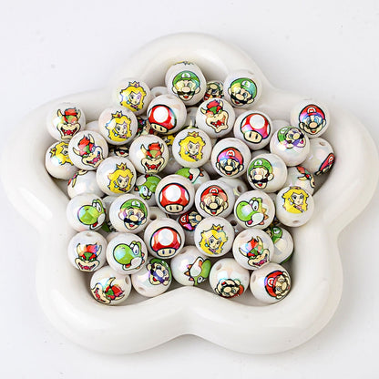 100Pcs 16mm acrylic cartoon Super Mario straight hole round beads DIY mobile phone rope keychain bead pen accessories