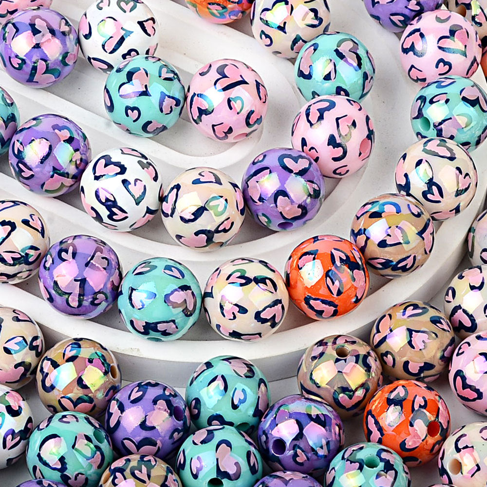 100Pcs acrylic two-color love leopard print printed beads DIY mobile phone chain bead pen jewelry accessories loose beads wholesale